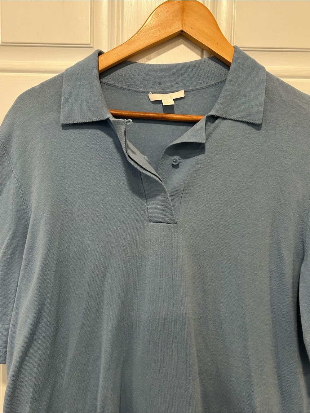 COS Open Collar Short Sleeve Polo Sweater Steel Blue Minimalist Preppy Medium - Picture 6 of 12